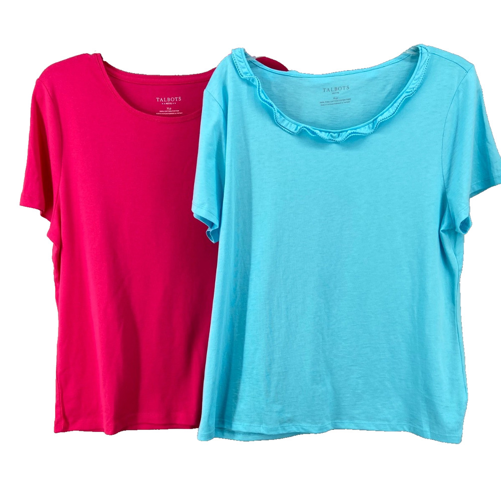 Talbots Petites T-Shirts Womens XLP Lot of 2 Blue Pink Short Sleeve 100% Cotton